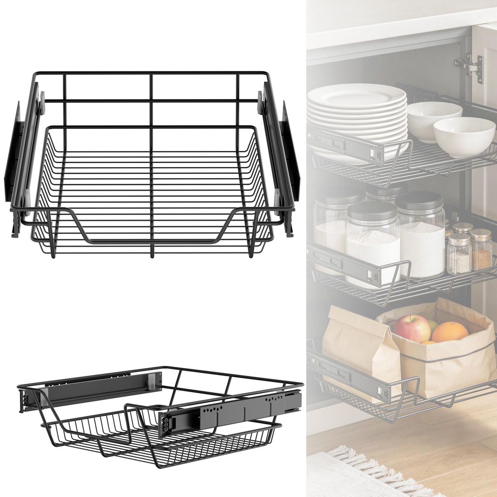 LZQ Teleskopschublade 50 cm 4er Set, Vollauszug Korbauszug Schrankauszug für Küchenschrank und Möbel, Schubladenauszug System, Schwarz