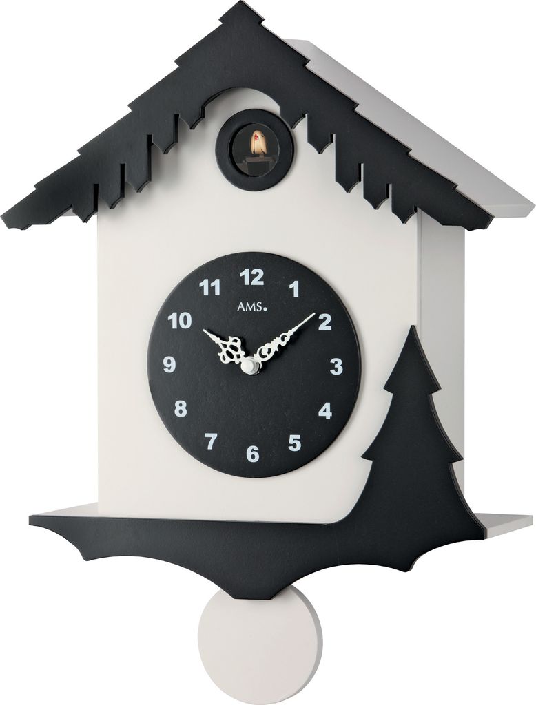 AMS 7391 Kuckucksuhr Wanduhr Quarz mit Pendel modern schwarz weiß