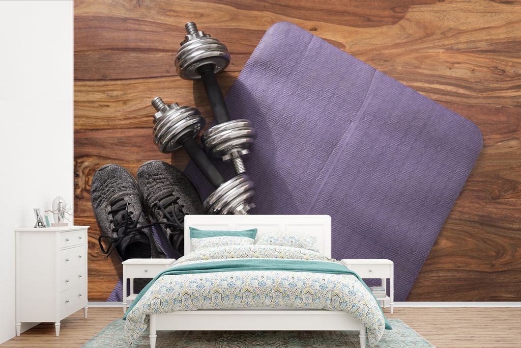 MuchoWow Fototapete für Wohnzimmer oder Schlafzimmer Wandtapete Vinyl Motivtapete Die beiden Gewichte und Trainer sind bereit für das Fitnessst...