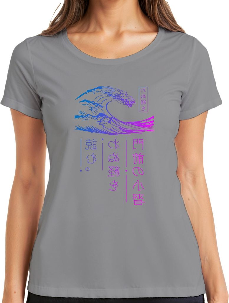 門道の心管 Japanische Welle Ukiyoe Neon Vaporwave Cyberpunk Retro Damen T-Shirt, Grau, XL