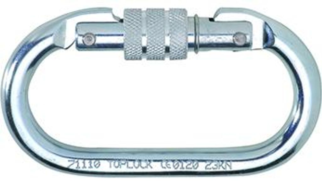 Karabinerhaken aus Stahl mit Schraubverschluss. Tragfähigkeit 23 kN. Öffnung 16 mm. Gewicht 176 g. Norm: CE EN 362