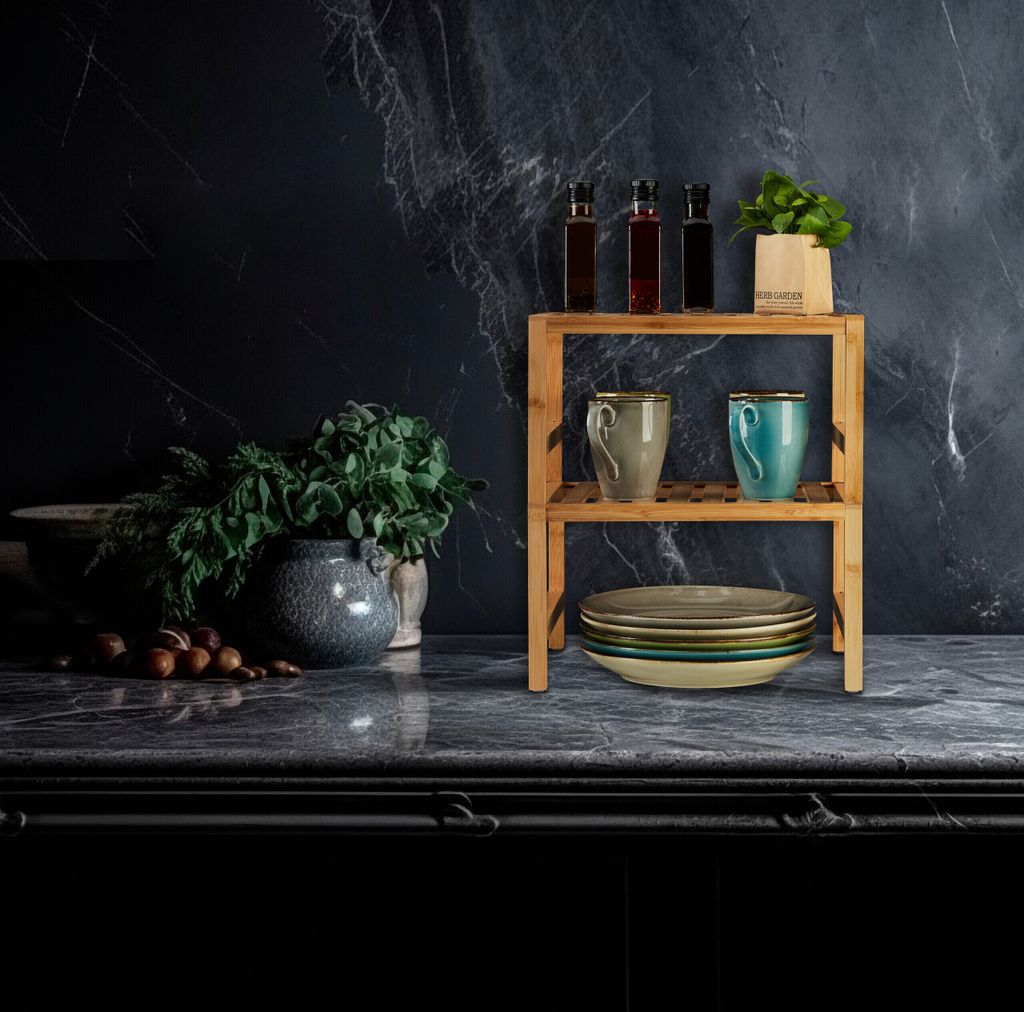 Bremermann Étagère De Cuisine En Verre à 2 Niveaux Avec Pieds En Acier Inoxydable 28 X 32 Cm (noir