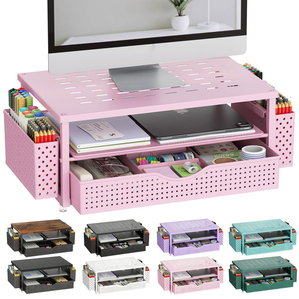Monitorständer mit Schublade und Stifthalter, zweistufiger Monitorständer, Schreibtischorganizer, Bürodekoration (rosa)