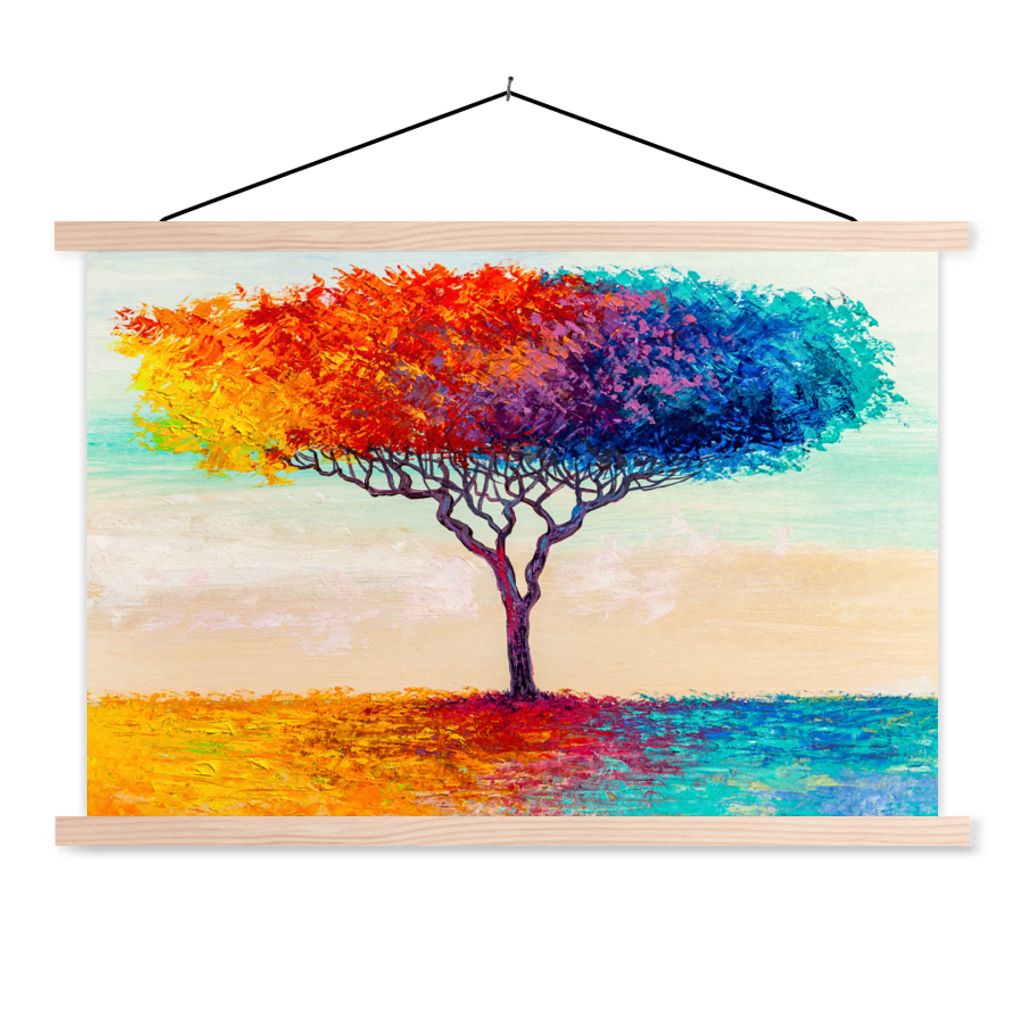 MuchoWow Textilposter Gemälde - Ölfarbe - Baum - Regenbogen 60x40 cm mit holzfarbenen Rahmen - Bilder