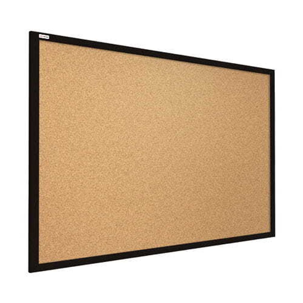 A cork bulletin board with a black frame, shown from a slight angle against a white background.
