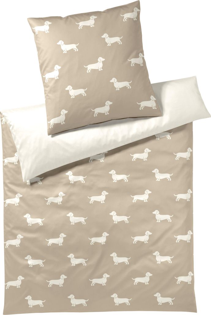 elegante Mako-Satin-Bettwäsche-Garnitur Dogs Farbe Natur-Beige Größe 200x200+2x70x90