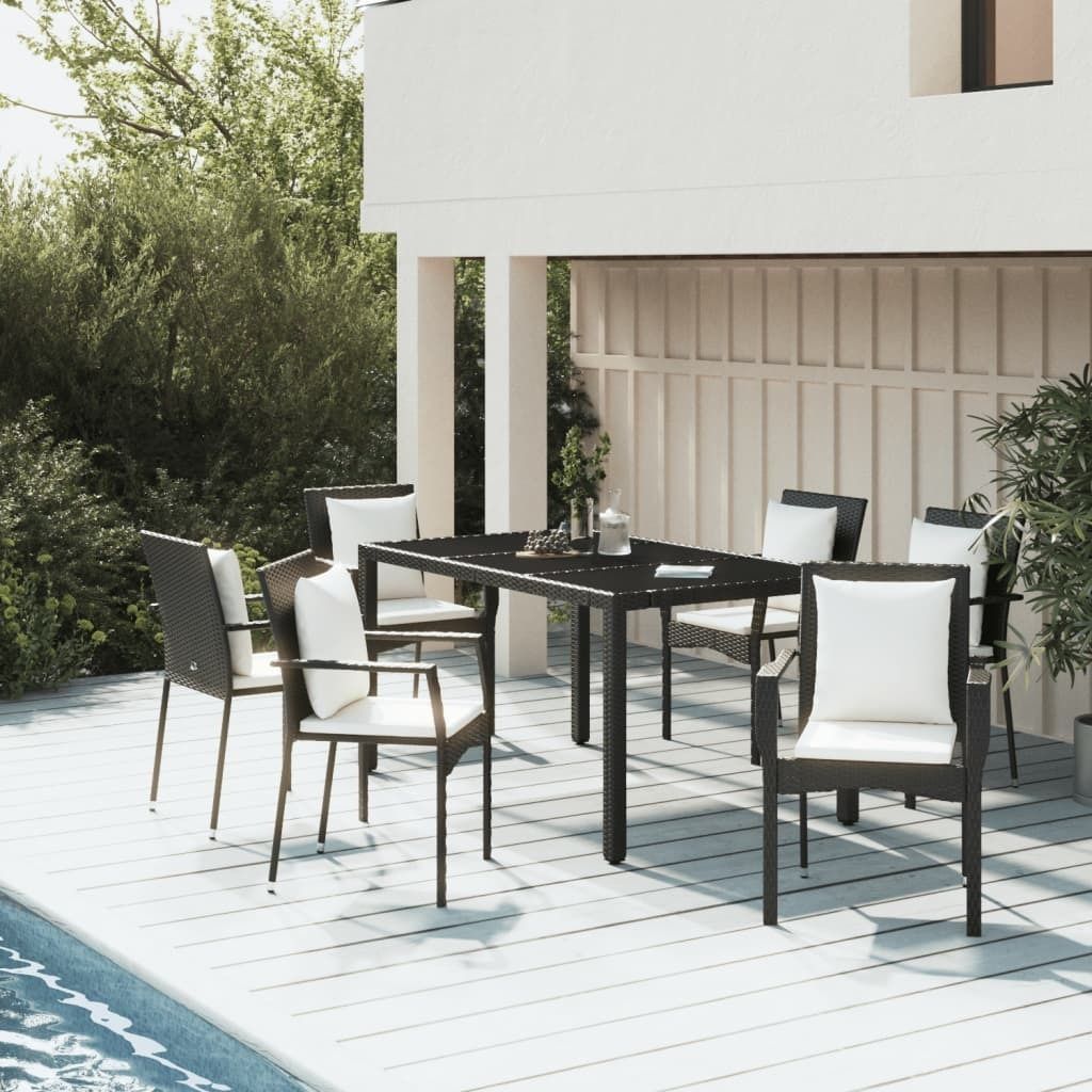 "2026 Promotion" 7-tlg. Garten-Essgruppe - mit Tisch und Stühlen - mit Kissen - Schwarz Poly Rattan - Gartenmöbelset CC9483