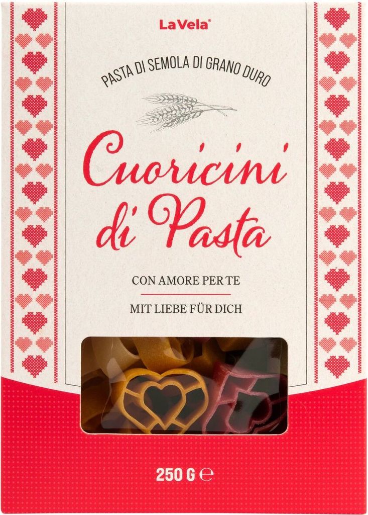 La Vela Cuoricini di Pasta, Bunte Nudel Herzen in der Geschenkpackung, 250g