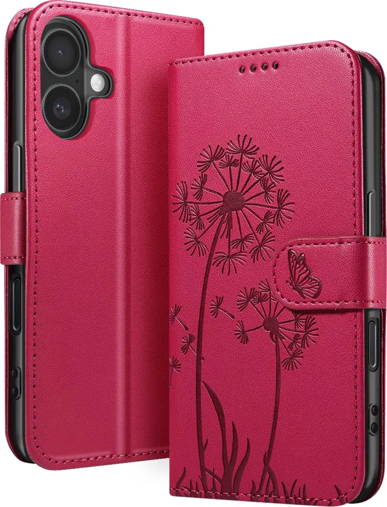 Zanaé Custodia iPhone 16 Rosso: Wallet a Libro con Fiori e Farfalle