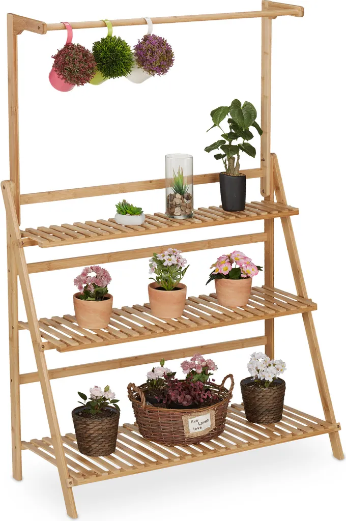 Étagère pour plantes en bambou à 3 niveaux avec barre de suspension fixe