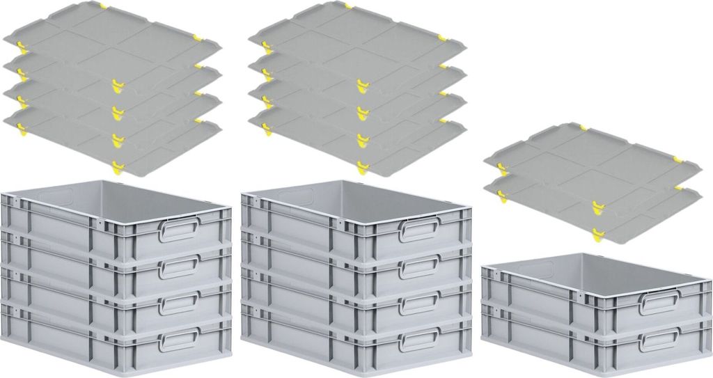 SparSet 10x Eurobox NextGen Economy mit Auflagedeckel und 4x Schiebeschnappverschlüsse Gelb | Griffe geschlossen | HxBxT 12x40x60cm | 23 Liter | E...