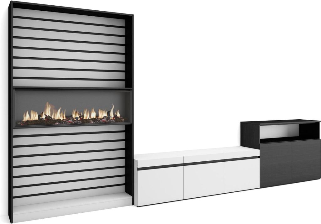 Wohnwand Wohnzimmer, 360x35x186cm, Für TV-Geräte bis zu 65", Elektrokamin XXL, Weiß und Schwarz