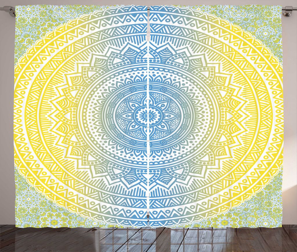 ABAKUHAUS orientalisch Rustikaler Gardine, Blauer Schatten Mandala, Schlafzimmer Kräuselband Vorhang mit Schlaufen und Haken, 280 x 225 cm, Gelb Blau