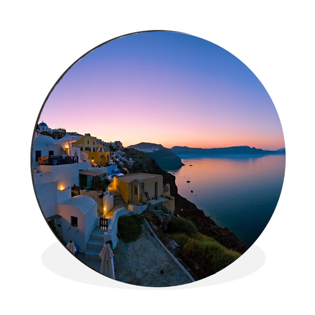 MuchoWow Aluminium Wandkreis Fischerdorf Oia bei Santorini Griechenland mit Sonnenaufgang Ø 90 cm Wanddeko Modern Wohnzimmer - Mauerkreis - Wand...