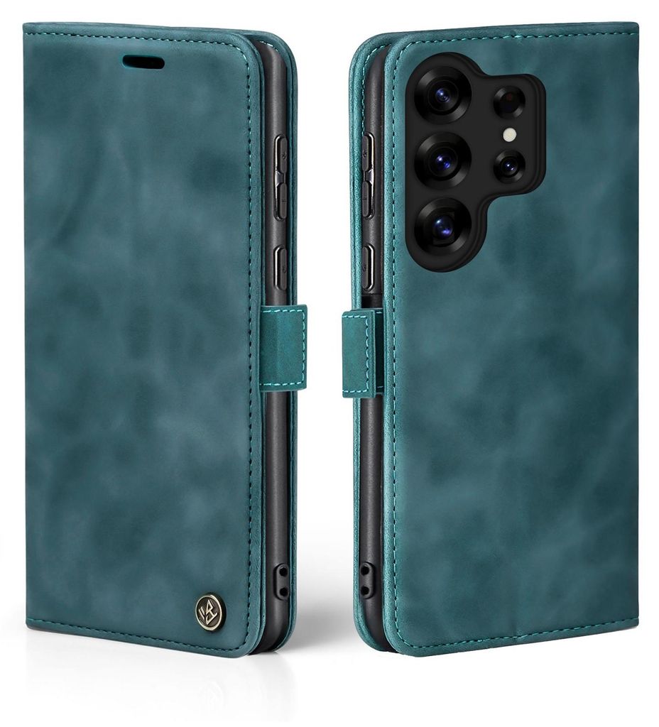 A teal flip cover phone case for a Samsung Galaxy S25 Ultra is shown from two angles.