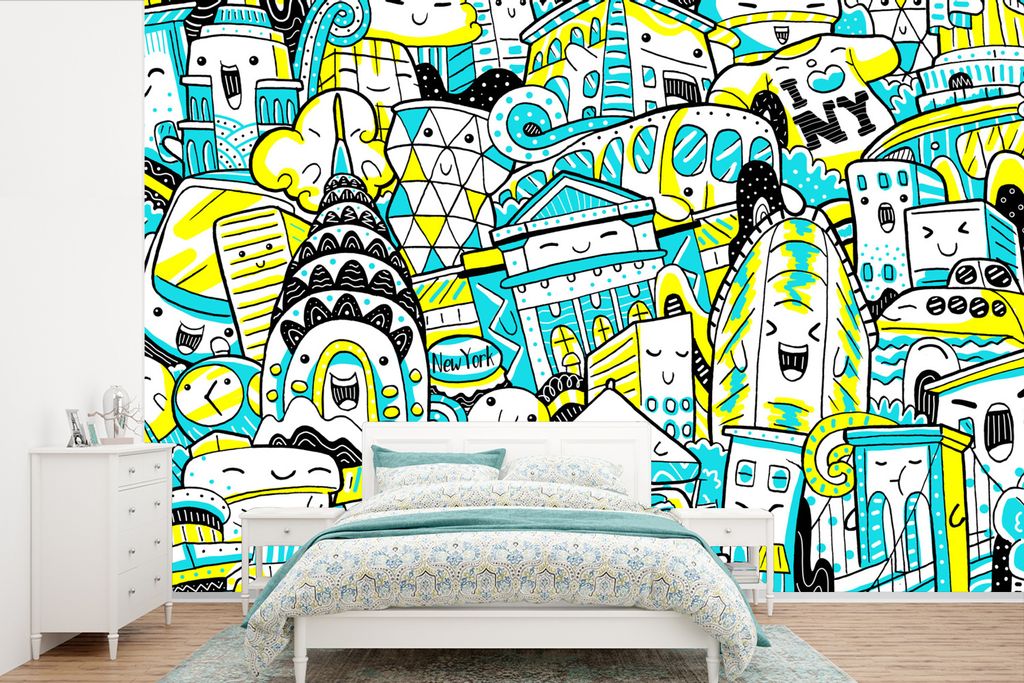 MuchoWow Fototapete für Wohnzimmer oder Schlafzimmer Wandtapete Vinyl Motivtapete New York - Blau - Gelb - 525x350 cm - Das Hintergrundbild