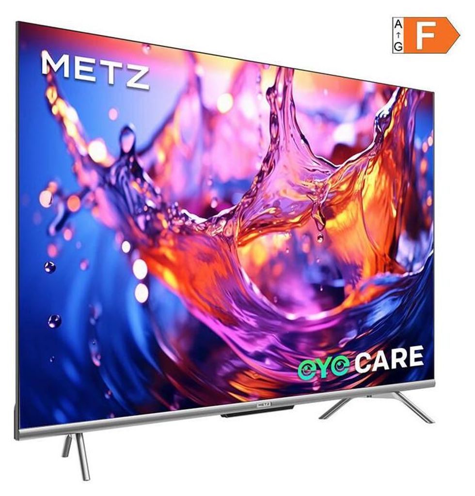 A television screen displaying a vibrant abstract image of splashing liquids, with the brand logo and an energy efficiency rating visible.