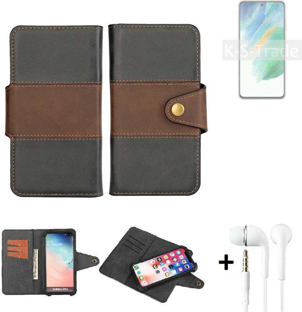 K-S-Trade Handyhülle Schutzhülle Bookstyle Wallet-Case kompatibel mit Samsung Galaxy S21 FE SD888 + earphones Bumper rundumschutz schwarz-braun 1x