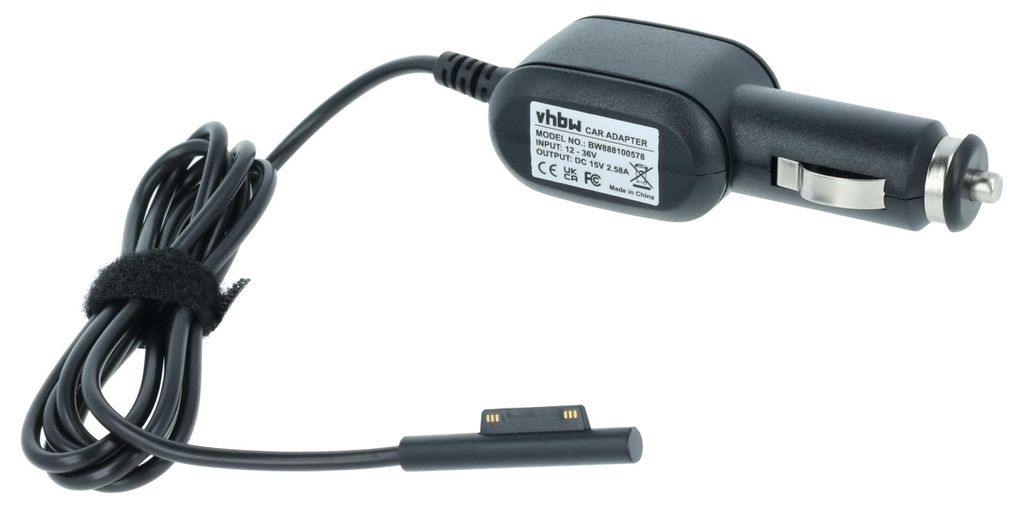 vhbw KFZ-Ladekabel kompatibel mit Microsoft Surface Laptop Studio, Pro 5, Pro 4, Pro 3, Pro 7, Pro 6 Notebook, Tablet - 12V Ladegerät Schwarz 2.58 A