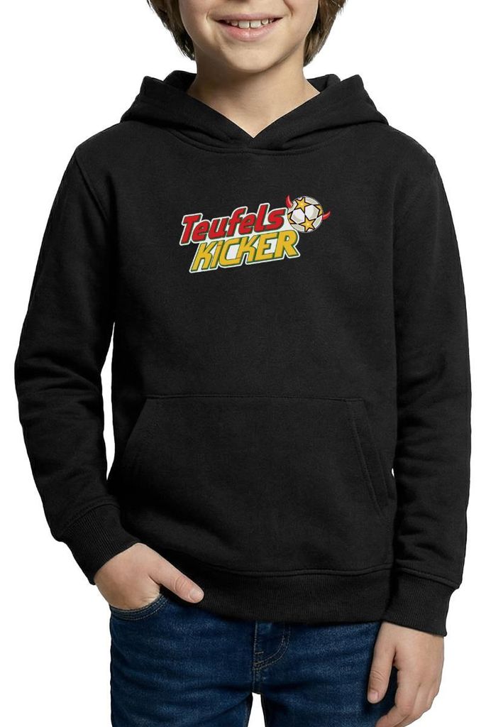 Spreadshirt Teufelskicker Logo Mit Fußball Kinder Hoodie, XS (3/4 years), Schwarz
