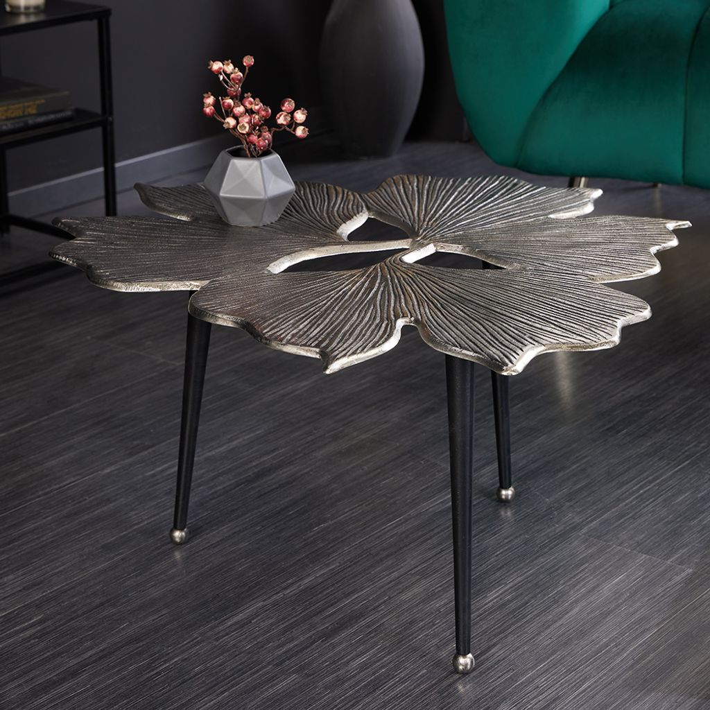 riess-ambiente Dekorativer Couchtisch GINKGO LEAFS 75cm silber Metall Beistelltisch Tisch Kaffeetisch Ablagetisch Ablage