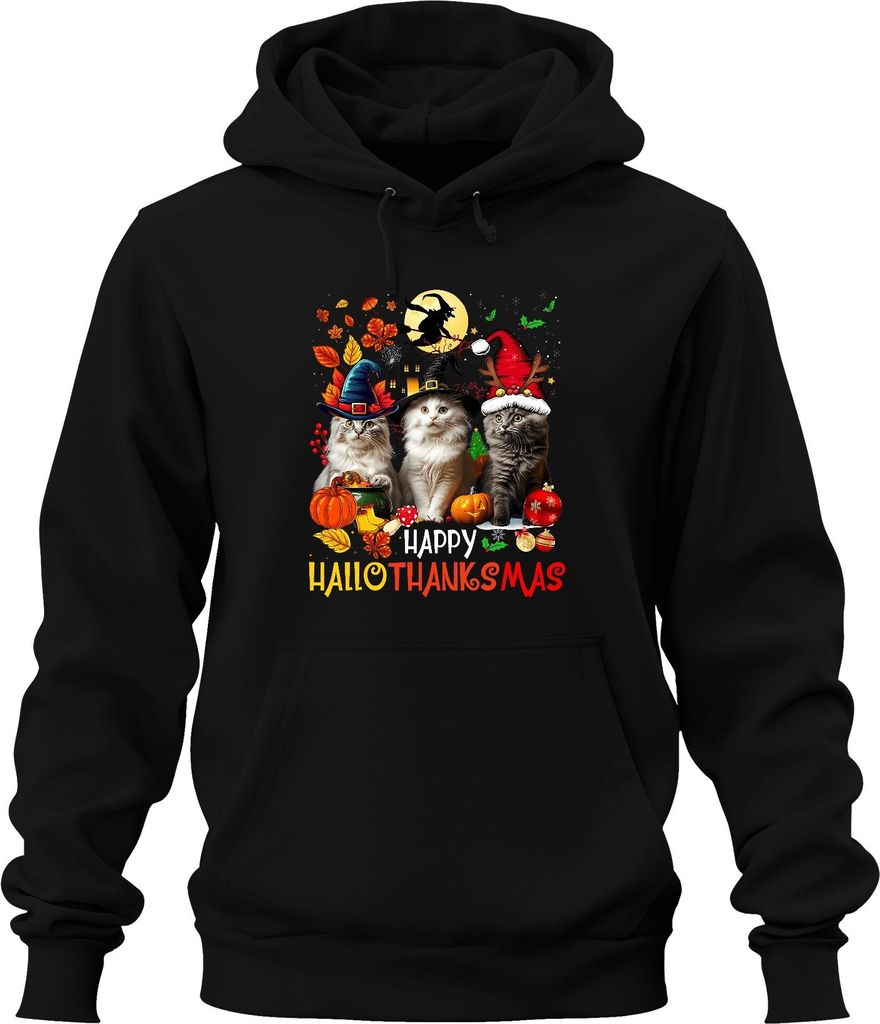 Happy Hallothanksmas Katzen Kürbis Hexenhut Weihnachten Geschenk Uni Hoodie Kapuzenpullover, Schwarz, XXL