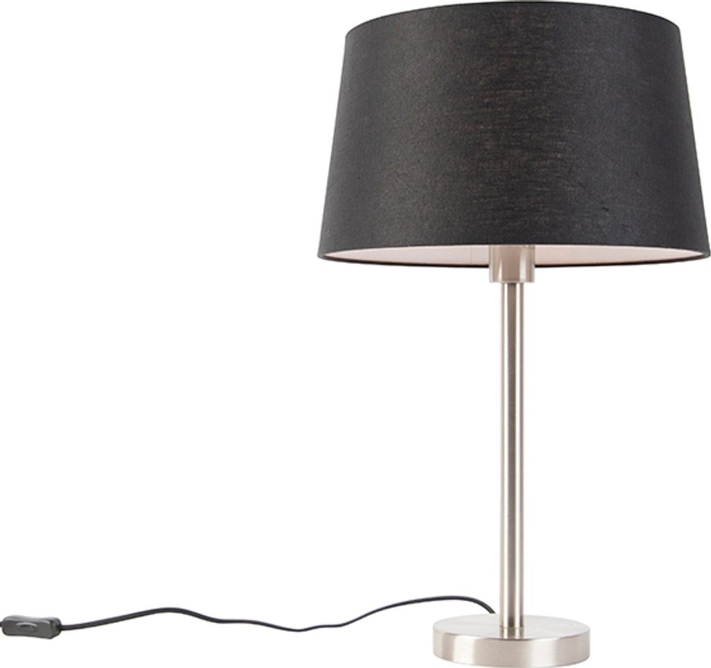QAZQA - Moderne Tischlampe Stahl I Silber I nickel matt mit schwarzem Schirm 35 cm - Simplo I Wohnzimmer I Schlafzimmer - Textil Rund - LED geeigne...
