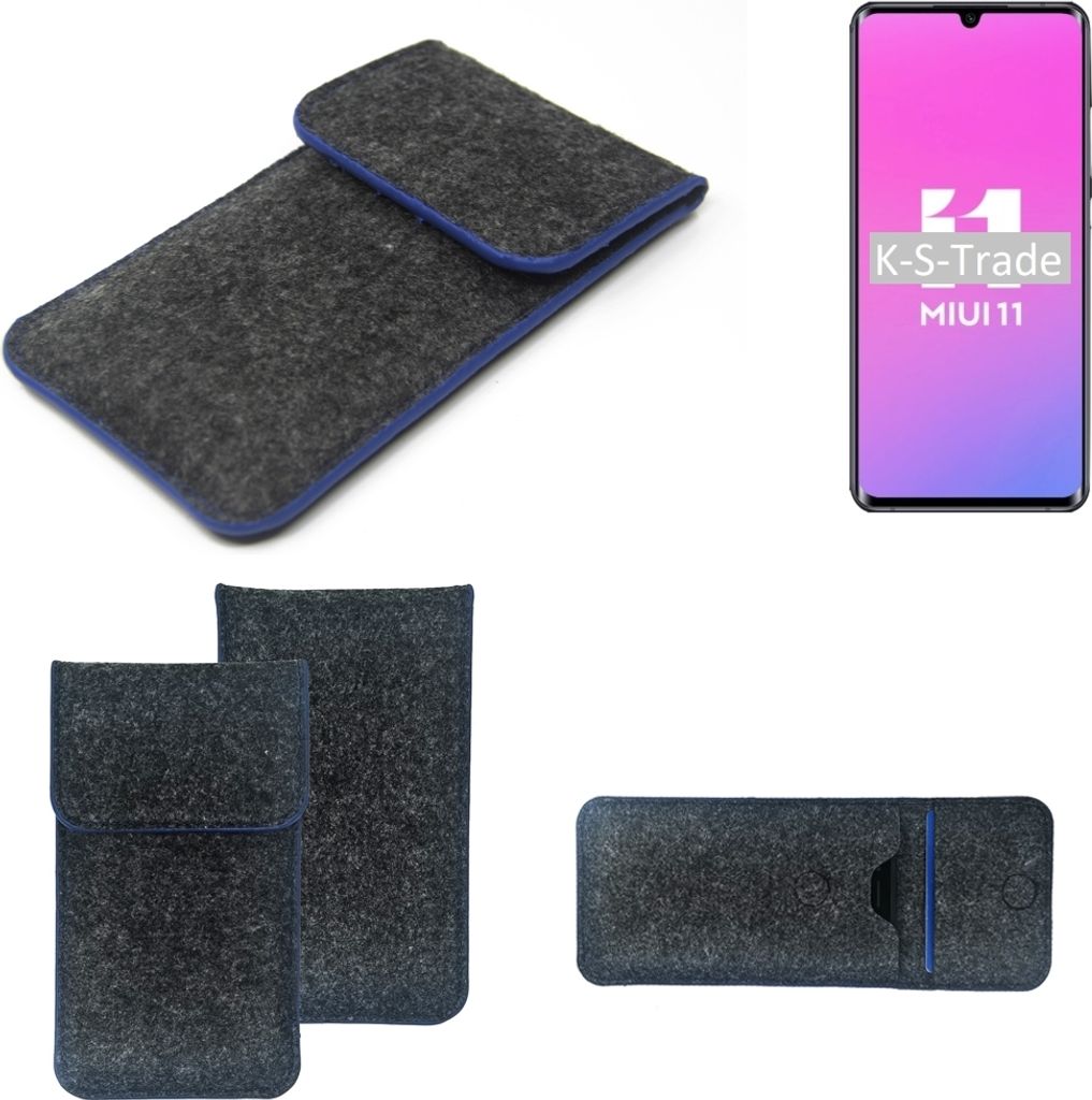 K-S-Trade Handy-Hülle Schutz-Hülle kompatibel mit Xiaomi Mi Note 10 Lite Filztasche Pouch Tasche Case Sleeve Filzhülle dunkelgrau, blauer Rand