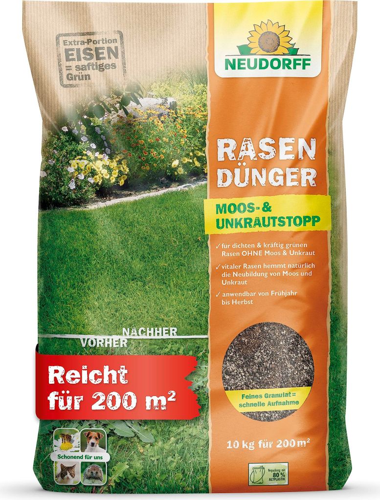 Neudorff RasenDünger Moos- & UnkrautStopp 10 kg für 200 m² - Extra Eisen für dichten Rasen, feine Körnung, kein Vertikutieren, tierfreundlich