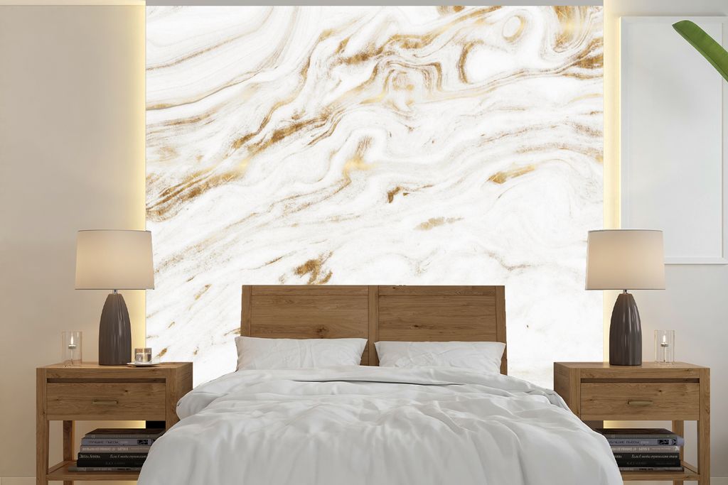 MuchoWow Fototapete für Wohnzimmer oder Schlafzimmer Wandtapete Vinyl Motivtapete Marmor - Gold - Weiß - Trendy - 350x350 cm - Schlafzimmertapete