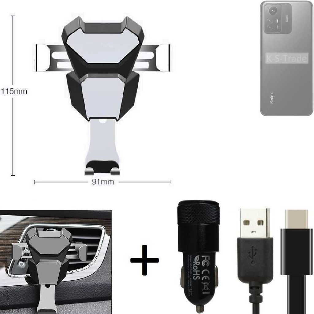 K-S-Trade Lüftungsschlitz Halterung kompatibel mit Xiaomi Redmi Note 12S Lüftungshalterung Lüftungsgitter schwarz-silber Auto-Halterung Smartphone