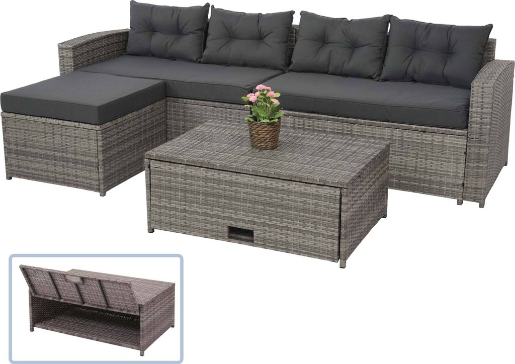 Poly-Rattan Garnitur HWC-J34, Balkon-/Garten-/Lounge-Set Sitzgruppe Sofa, Staufach grau, Kissen dunkelgrau