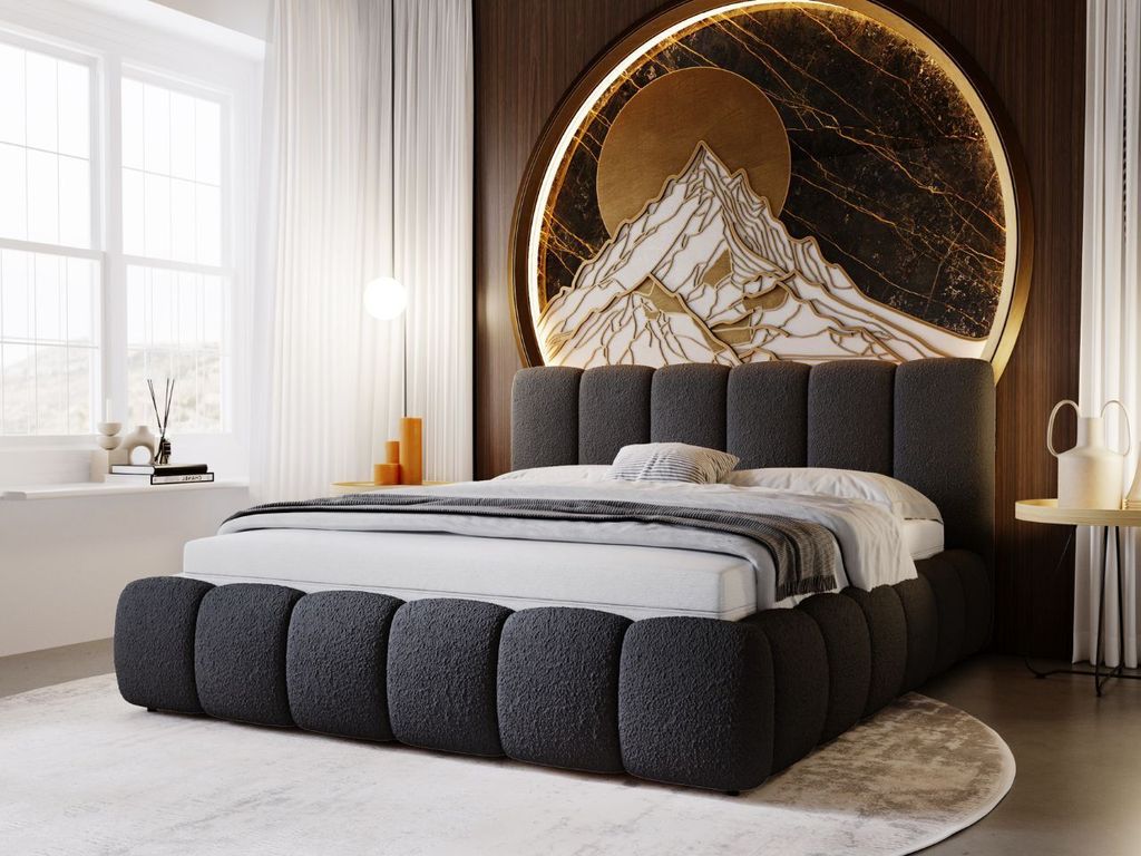 GrainGold Polsterbett Cloud 120x200 cm - Bett 120x200, Polsterbett mit Bettkasten & Lattenrost - Bouclé-Stoff - Bett Schwarz (Anthology 19)