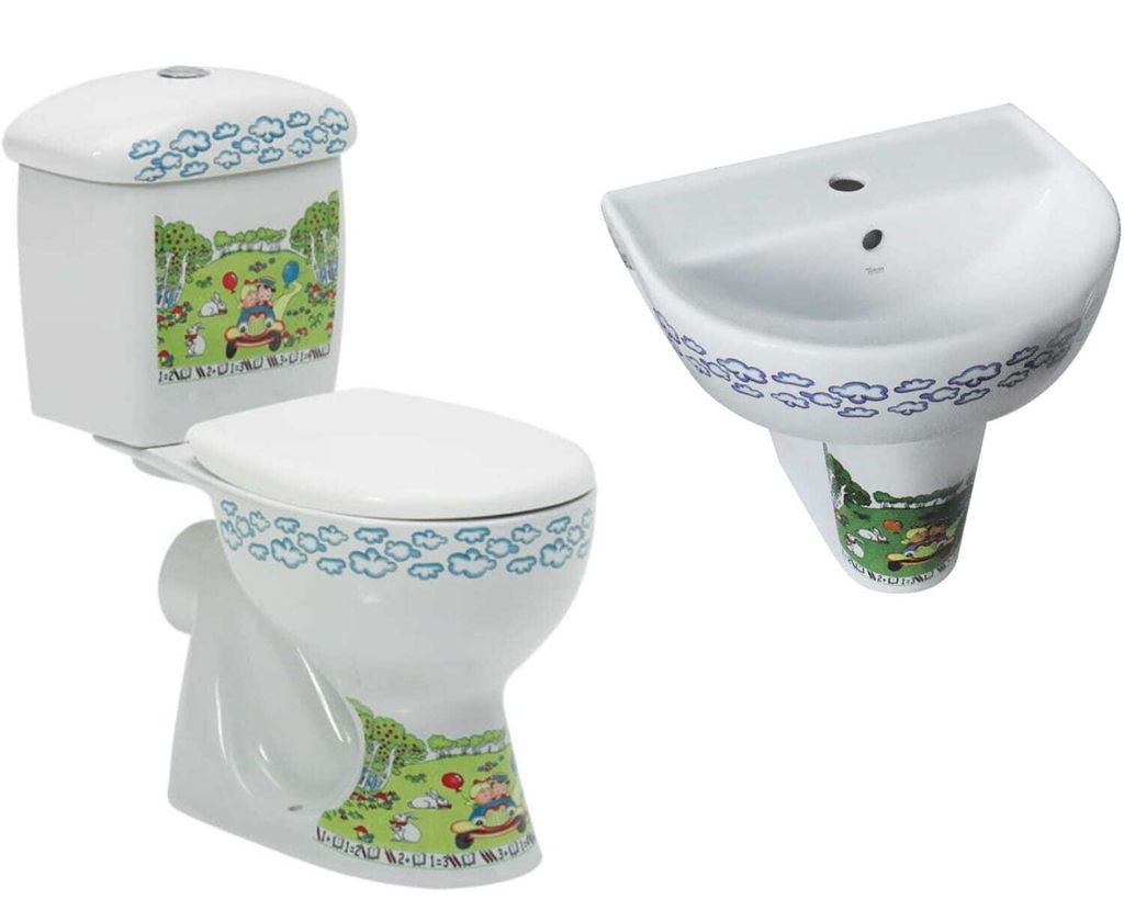 SET: Kind-WC kompakt, 56x32x61 cm, mit waagerechtem Abfluss - Spülkasten - weiße WC-Sitz - Waschbecken, mit Halbsäule, Yumurcak, CeraStyle