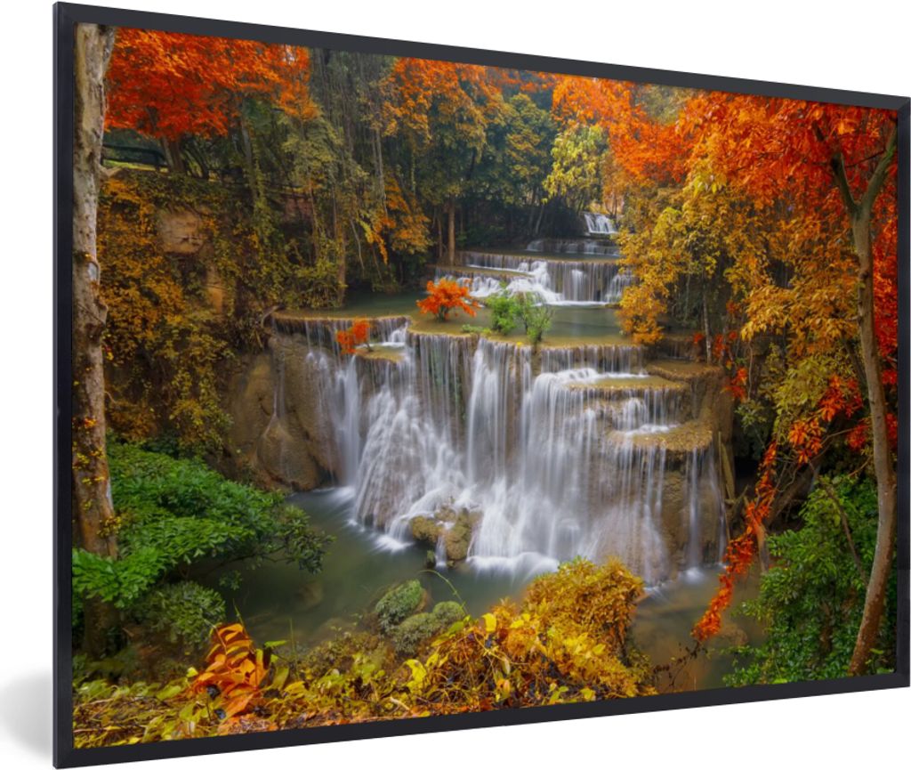 MuchoWow Gerahmtes Poster Bäume - Wasserfall - Herbst 90x60 cm - Poster mit Schwarzem Bilderrahmen Wandposter Rahmen Foto Bilder - Fotorahmen - ...