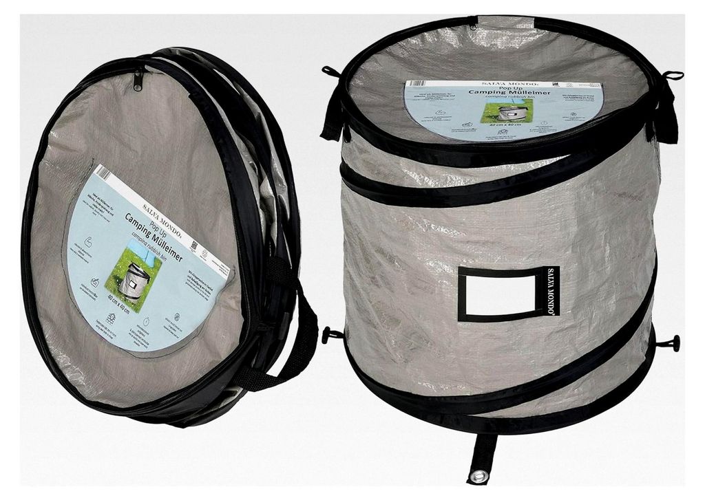 Faltbarer Camping-Mülleimer – grau mit verschließbarem Deckel 60l – Müllsackständer für Wohnmobil, Festival, Garten, Strand, Gelber Sack |...