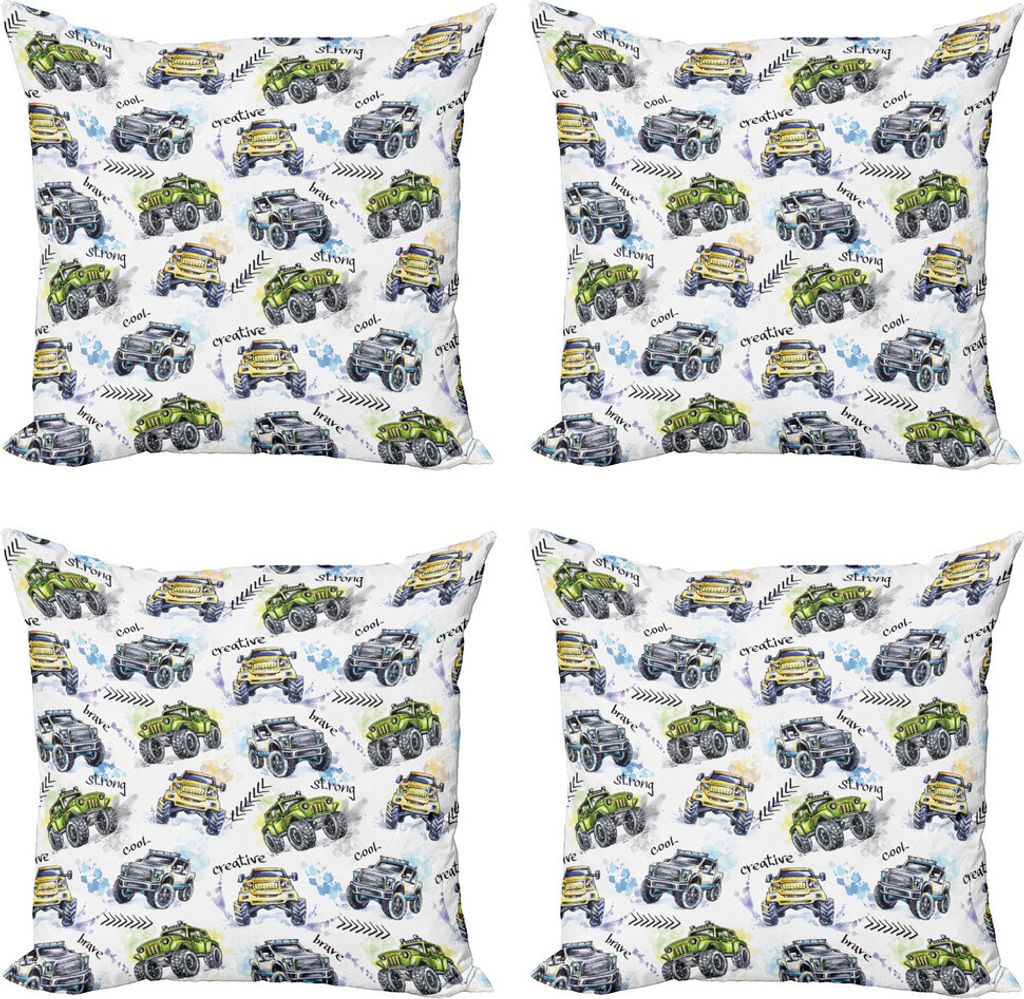 ABAKUHAUS Autos Kissenbezug Set (4 Stück), Hand gezeichnet Monster Truck, Moderner Doppelseitiger Digitaldruck, 45 cm x 45 cm, Gelb Lavendel-Blau