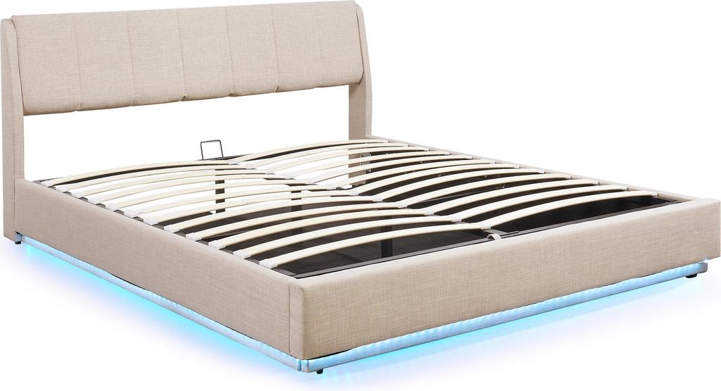 LED Polsterbett 'Tröstiar' mit Bettkasten Leinen 180 x 200 Produktbild 