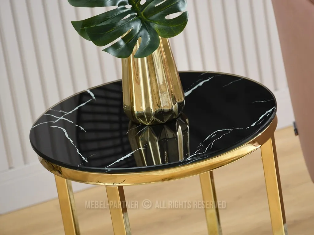 Table d'appoint marbre noir véritable et structure dorée ZOAR 45cm - 2