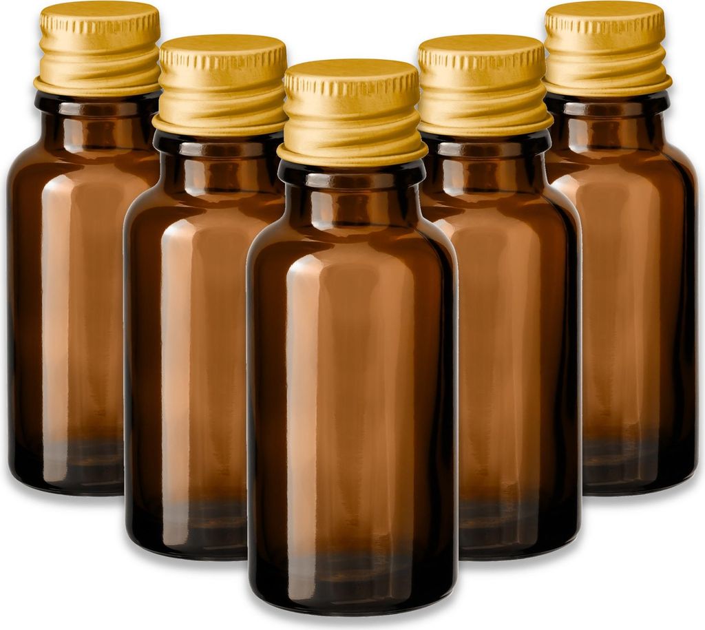 5x Braunglasflasche 20 ml mit goldenem Aluminium Schraubverschluss Set