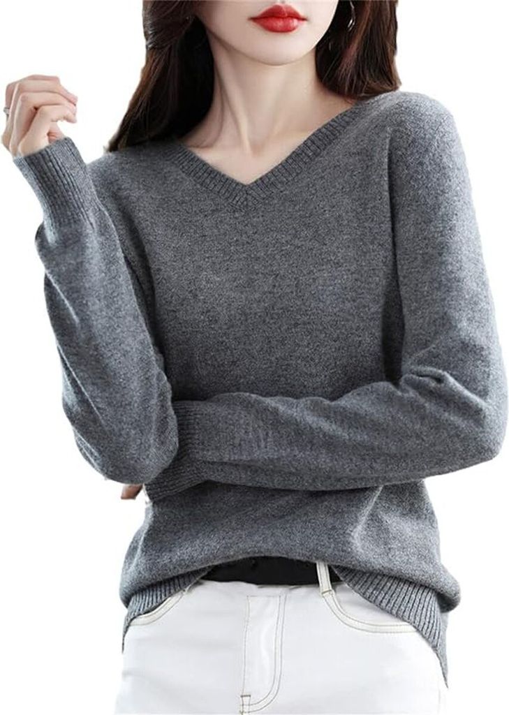 ASKSA Damen Wolle V-Ausschnitt Pullover Leicht Sweater Elegant Strickpullover Slim Fit Warm Pulli Basic Sweatshirt, Grau, XL