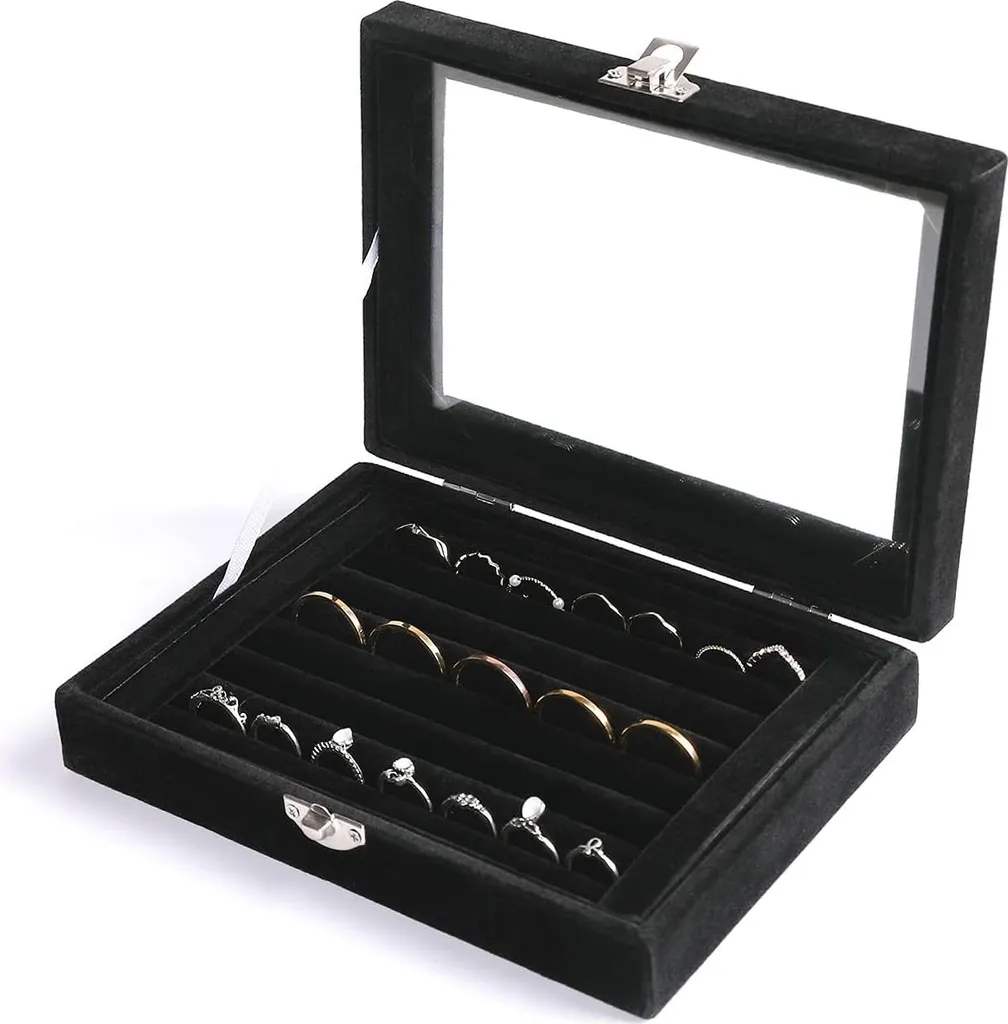 Boîte de Rangement Bijoux en Velours Noir avec Vitre de Présentation
