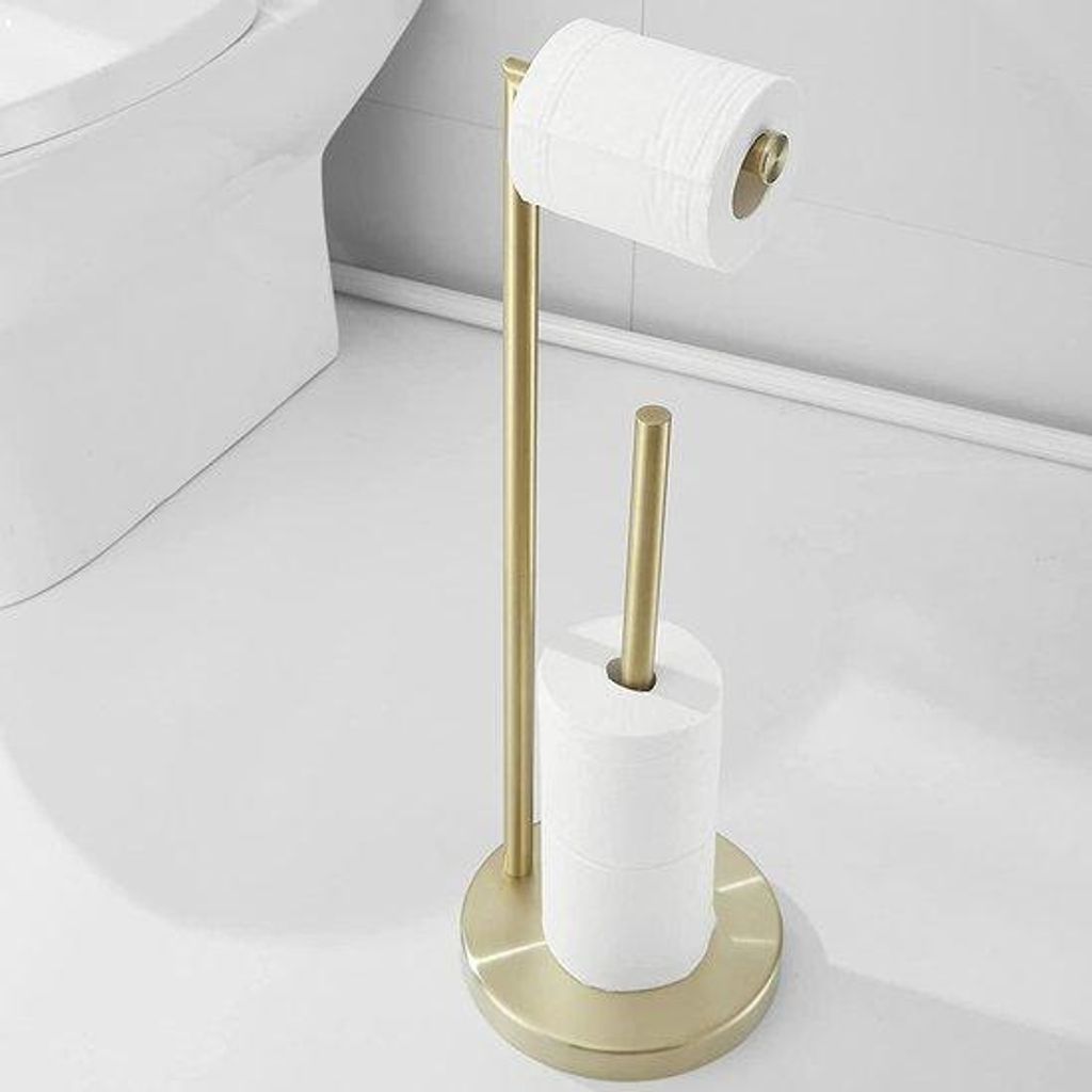 Stehendes Toilettenpapierhalter Edelstahl mit Ablage messingfarben