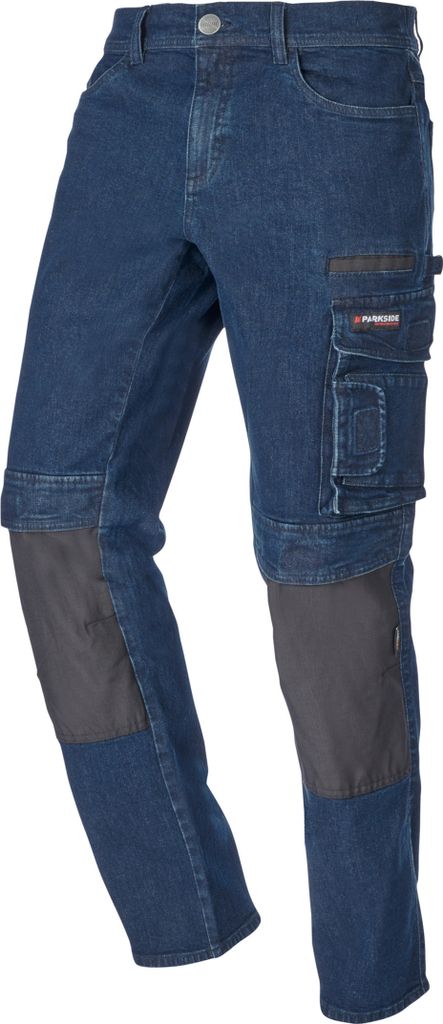 A pair of blue denim workwear-style jeans with gray knee patches and cargo pockets.