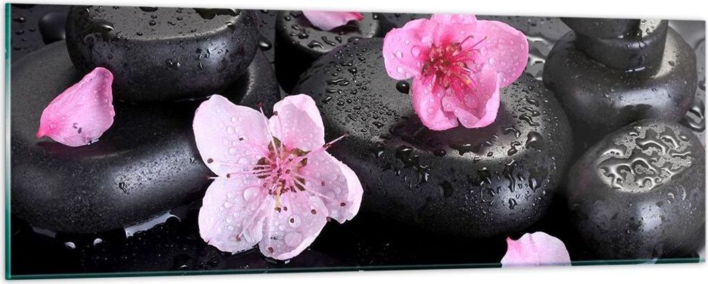 Bilder auf glas - Blumen Steine Tropfen Spa - 90x30cm - Glasbilder - Wandbilder - Kunstdruck - zum Aufhängen bereit - Wanddekoration aus Glas - Gl...