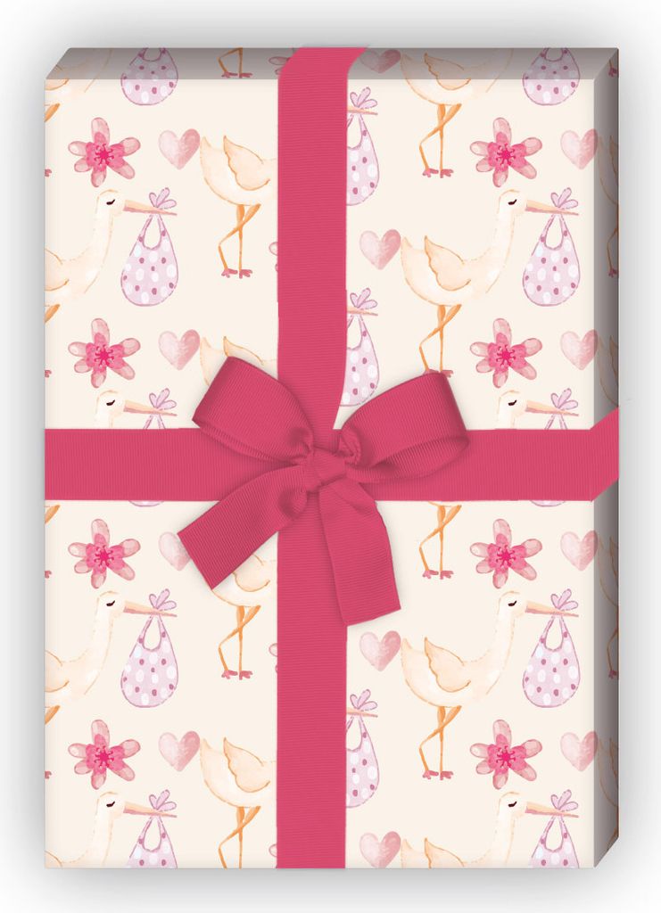 Süßes gemaltes Baby Geschenkpapier mit Storch und Herz, rosa - G11493, 32 x 48cm