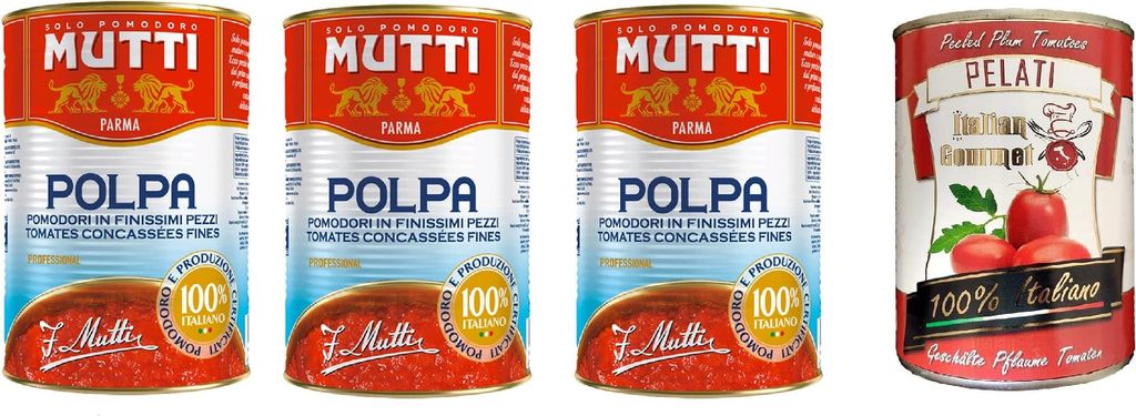 3x Mutti polpa di Pomodoro Tomatenpulpe Tomaten sauce + 1x Italian Gourmet 100% italienische geschälte Tomaten dosen 400g