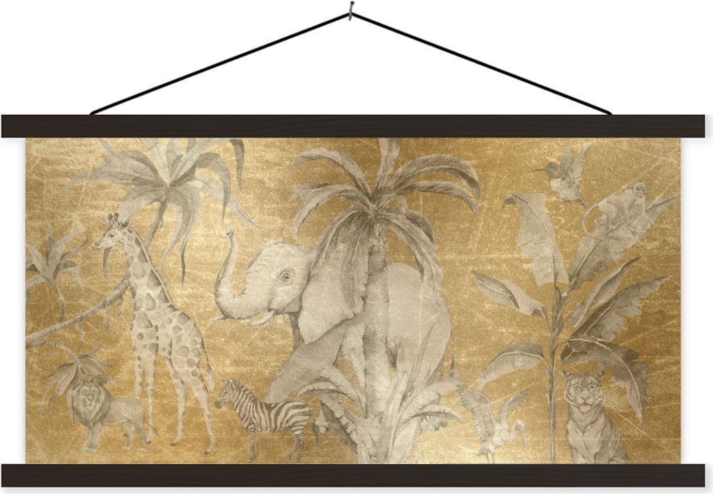 MuchoWow Textilposter Dschungel - Kinder - Gold - Tiere 90x45 cm mit schwarzem Rahmen - Klemmleisten