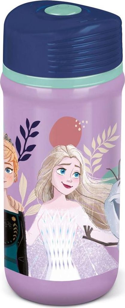 Tataway Disney Lila und violette Kunststoff-Trinkflasche für Kinder Elsa Anna Olaf 390 ml mit Tropfschutzverschluss