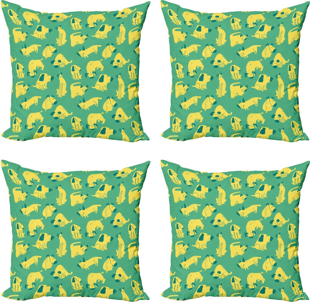 ABAKUHAUS Hund Kissenbezug Set (4 Stück), Cartoon-Stil Funky Doggies, Moderner Doppelseitiger Digitaldruck, 60 cm x 60 cm, Sea Green Pastel Yellow